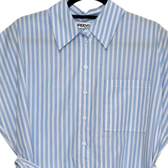IPEKYOL Poplin Blouse Button Down w Belt Detail Blue White Size 42 - Picture 8 of 11